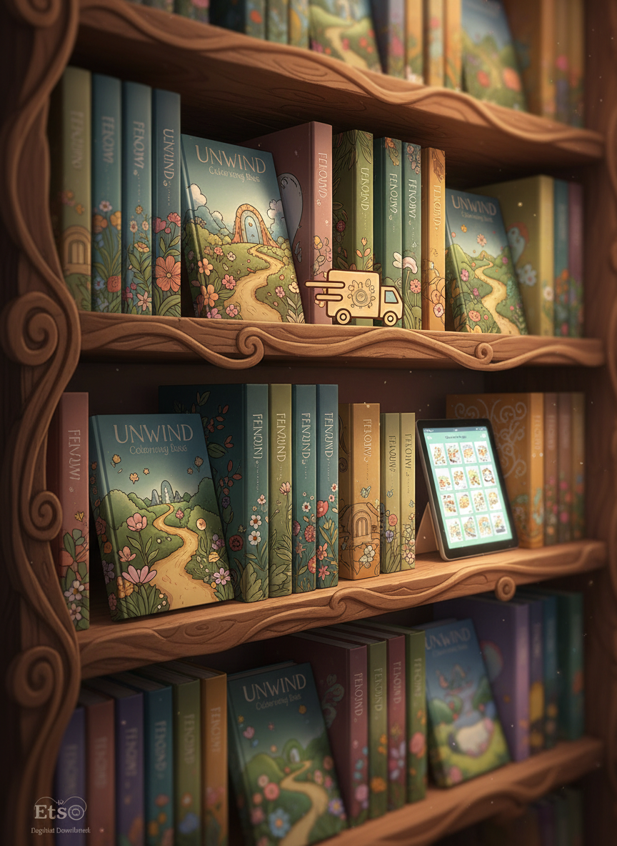 A whimsical digital-art bookshelf scene where rows of Unwind and Flow coloring books line rustic wooden shelves, their spines decorated with tiny illustrated flowers, forests, and secret doorways instead of text. On one shelf, thicker, glossy-spined volumes subtly evoke Amazon print editions with a small illustrated delivery-truck icon, while another shelf holds slender binders and a glowing tablet screen suggesting Etsy digital downloads. Soft, ambient studio lighting creates a warm, cozy glow, with gentle reflections on the covers and subtle shadows between the books. The composition uses a slightly angled, eye-level view, with sharp focus on a few feature books and a dreamy blur toward the edges, conveying a playful, imaginative library of coloring adventures.