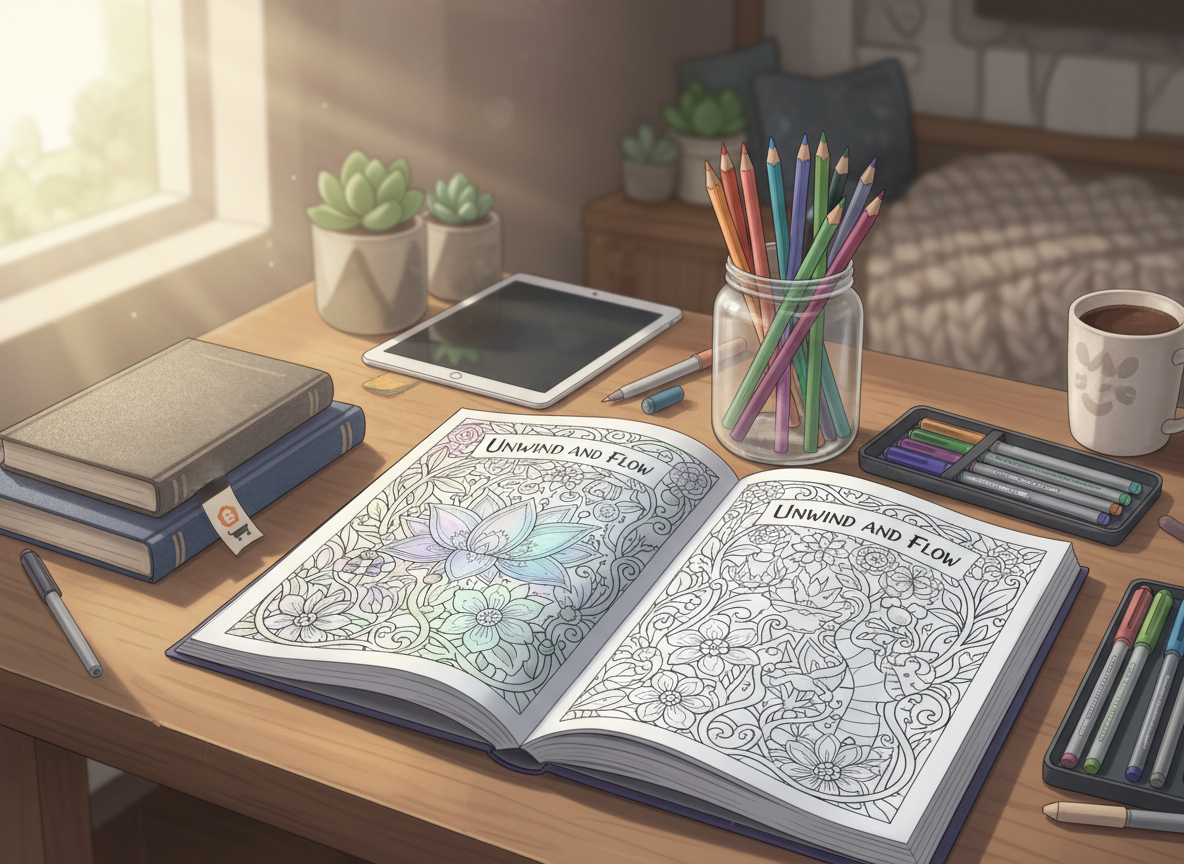 A cozy tabletop scene featuring an open Unwind and Flow adult coloring book at the center, its pages filled with intricate floral and nature-inspired line art in crisp black ink, half-colored with softly shaded pencils. Surrounding it are neatly arranged colored pencils, gel pens, and a small stack of both thick, matte-cover print books and sleek tablets displaying digital coloring pages, subtly suggesting Amazon for print and Etsy for downloads through tiny icon-like symbols on nearby bookmarks. Soft morning light pours in from an unseen window, casting gentle shadows and a calm, playful atmosphere. Captured from a slightly elevated angle in vibrant digital-art style, with sharp focus on the book’s detailed designs and a softly blurred, inviting background of plants and cozy decor.