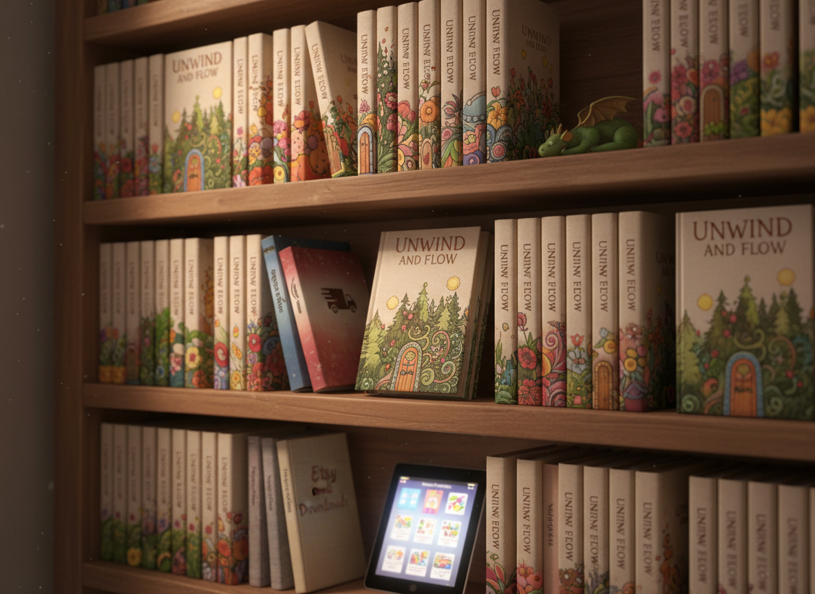 A whimsical digital-art bookshelf scene where rows of Unwind and Flow coloring books line rustic wooden shelves, their spines decorated with tiny illustrated flowers, forests, and secret doorways instead of text. On one shelf, thicker, glossy-spined volumes subtly evoke Amazon print editions with a small illustrated delivery-truck icon, while another shelf holds slender binders and a glowing tablet screen suggesting Etsy digital downloads. Soft, ambient studio lighting creates a warm, cozy glow, with gentle reflections on the covers and subtle shadows between the books. The composition uses a slightly angled, eye-level view, with sharp focus on a few feature books and a dreamy blur toward the edges, conveying a playful, imaginative library of coloring adventures.