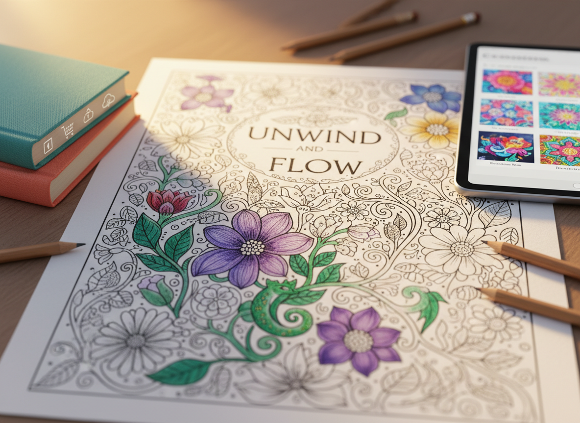 A close-up, cinematic digital-art scene of an Unwind and Flow coloring page filled with swirling flowers, vines, and tiny hidden creatures tucked between leaves, all rendered in precise, inviting black line art. Some areas are vividly colored with layered, blended pencil strokes, while others remain blank, inviting imagination. The page rests beside a small stack of unbranded, colorful-covered books labeled only through subtle pictogram-style hints of Amazon print, and a tablet showing a grid of downloadable thumbnails alluding to Etsy digital options. Warm golden-hour light from the side creates soft highlights along the paper’s texture and pencils, with a shallow depth of field that keeps the focus on the intricate design and the soothing, playful atmosphere.