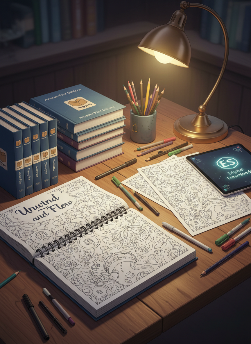 An enchanting workspace in digital-art style featuring a large, spiral-bound Unwind and Flow coloring book open to a fantastical hidden-world scene: tiny houses nestled in flower petals, miniature bridges over teacup rivers, and unexpected surprises tucked into every corner of the crisp line art. To one side lies a neat tower of thick, glossy-cover books signifying Amazon print editions through small illustrated parcel and barcode icons, while on the other side, loose printed pages, a stylus, and a tablet hint at Etsy digital downloads. Soft overhead lighting combined with a warm desk lamp creates layered, cozy illumination, casting delicate shadows over colored pencils and markers. The mood is playfully meditative, captured from a three-quarter overhead angle with balanced, inviting composition.