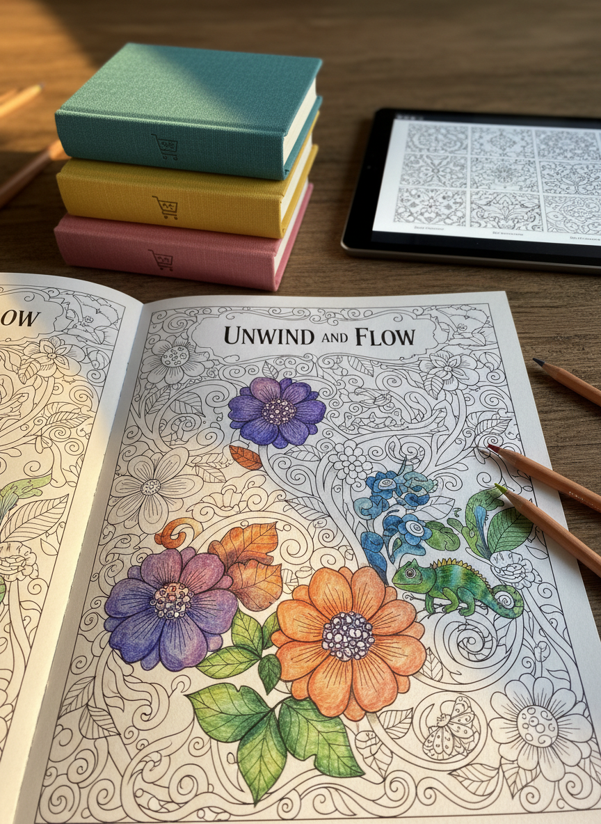 A close-up, cinematic digital-art scene of an Unwind and Flow coloring page filled with swirling flowers, vines, and tiny hidden creatures tucked between leaves, all rendered in precise, inviting black line art. Some areas are vividly colored with layered, blended pencil strokes, while others remain blank, inviting imagination. The page rests beside a small stack of unbranded, colorful-covered books labeled only through subtle pictogram-style hints of Amazon print, and a tablet showing a grid of downloadable thumbnails alluding to Etsy digital options. Warm golden-hour light from the side creates soft highlights along the paper’s texture and pencils, with a shallow depth of field that keeps the focus on the intricate design and the soothing, playful atmosphere.