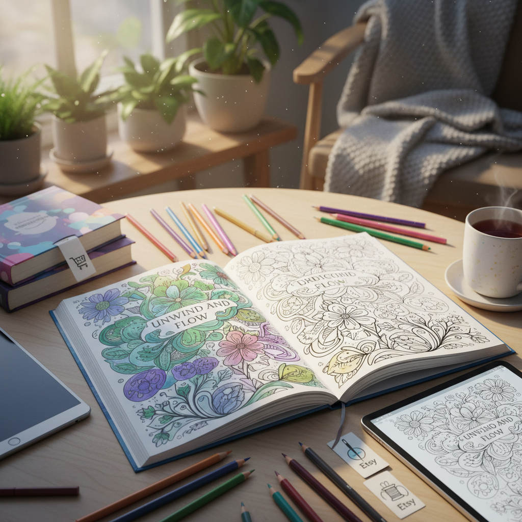 A cozy tabletop scene featuring an open Unwind and Flow adult coloring book at the center, its pages filled with intricate floral and nature-inspired line art in crisp black ink, half-colored with softly shaded pencils. Surrounding it are neatly arranged colored pencils, gel pens, and a small stack of both thick, matte-cover print books and sleek tablets displaying digital coloring pages, subtly suggesting Amazon for print and Etsy for downloads through tiny icon-like symbols on nearby bookmarks. Soft morning light pours in from an unseen window, casting gentle shadows and a calm, playful atmosphere. Captured from a slightly elevated angle in vibrant digital-art style, with sharp focus on the book’s detailed designs and a softly blurred, inviting background of plants and cozy decor.