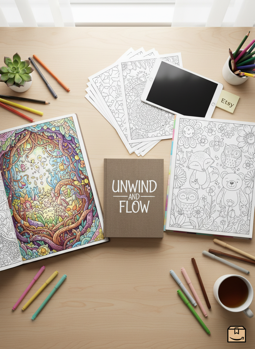 A playful flat lay of Unwind and Flow coloring books spread across a light wooden desk, with one large adult book showing a detailed hidden-world garden scene and a smaller kid-friendly book displaying whimsical, simpler animal designs. Next to them, a high-quality print edition with a sturdy spine hints at Amazon availability through a tiny illustrated shipping box icon, while a slim tablet and printed pages with neat edges suggest Etsy digital downloads. Soft, diffused daylight from above highlights the fine line work and smooth paper texture. The mood is bright, creative, and relaxed, captured in clean digital-art style with top-down composition and carefully arranged art supplies framing the scene.