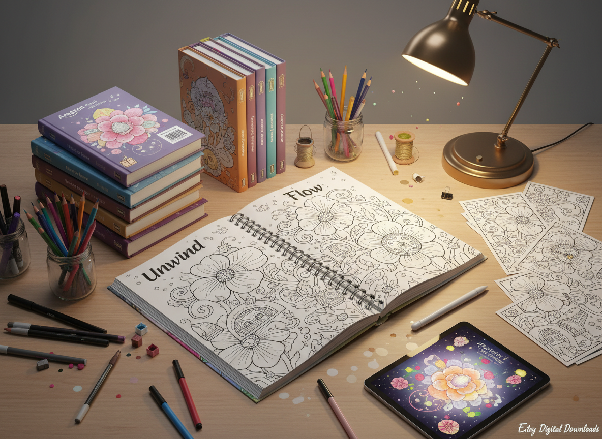 An enchanting workspace in digital-art style featuring a large, spiral-bound Unwind and Flow coloring book open to a fantastical hidden-world scene: tiny houses nestled in flower petals, miniature bridges over teacup rivers, and unexpected surprises tucked into every corner of the crisp line art. To one side lies a neat tower of thick, glossy-cover books signifying Amazon print editions through small illustrated parcel and barcode icons, while on the other side, loose printed pages, a stylus, and a tablet hint at Etsy digital downloads. Soft overhead lighting combined with a warm desk lamp creates layered, cozy illumination, casting delicate shadows over colored pencils and markers. The mood is playfully meditative, captured from a three-quarter overhead angle with balanced, inviting composition.