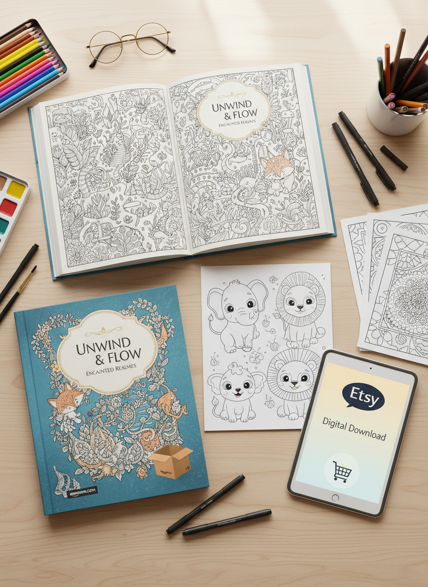 A playful flat lay of Unwind and Flow coloring books spread across a light wooden desk, with one large adult book showing a detailed hidden-world garden scene and a smaller kid-friendly book displaying whimsical, simpler animal designs. Next to them, a high-quality print edition with a sturdy spine hints at Amazon availability through a tiny illustrated shipping box icon, while a slim tablet and printed pages with neat edges suggest Etsy digital downloads. Soft, diffused daylight from above highlights the fine line work and smooth paper texture. The mood is bright, creative, and relaxed, captured in clean digital-art style with top-down composition and carefully arranged art supplies framing the scene.