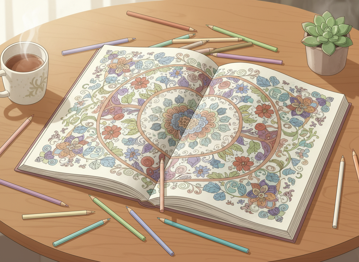 Open adult coloring book on a calm wooden table surrounded by colored pencils, with a partially colored floral mandala page.