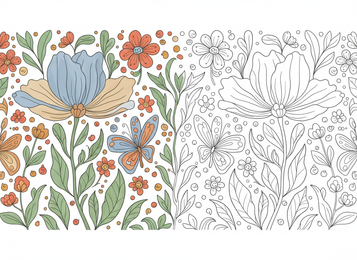 Playful digital-art illustration of a whimsical coloring-book page half-colored with flowers, leaves, and a hidden butterfly in soft sage green, gentle blue, and warm beige with bright amber and coral accents.